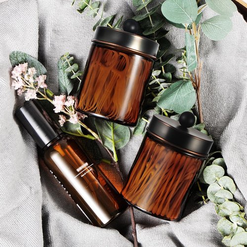 Amber Glass Qtip Holder - Apothecary Jar Set with ORB Metal Lid | Bathroom Organizer for Cotton Swabs (3 Pack)