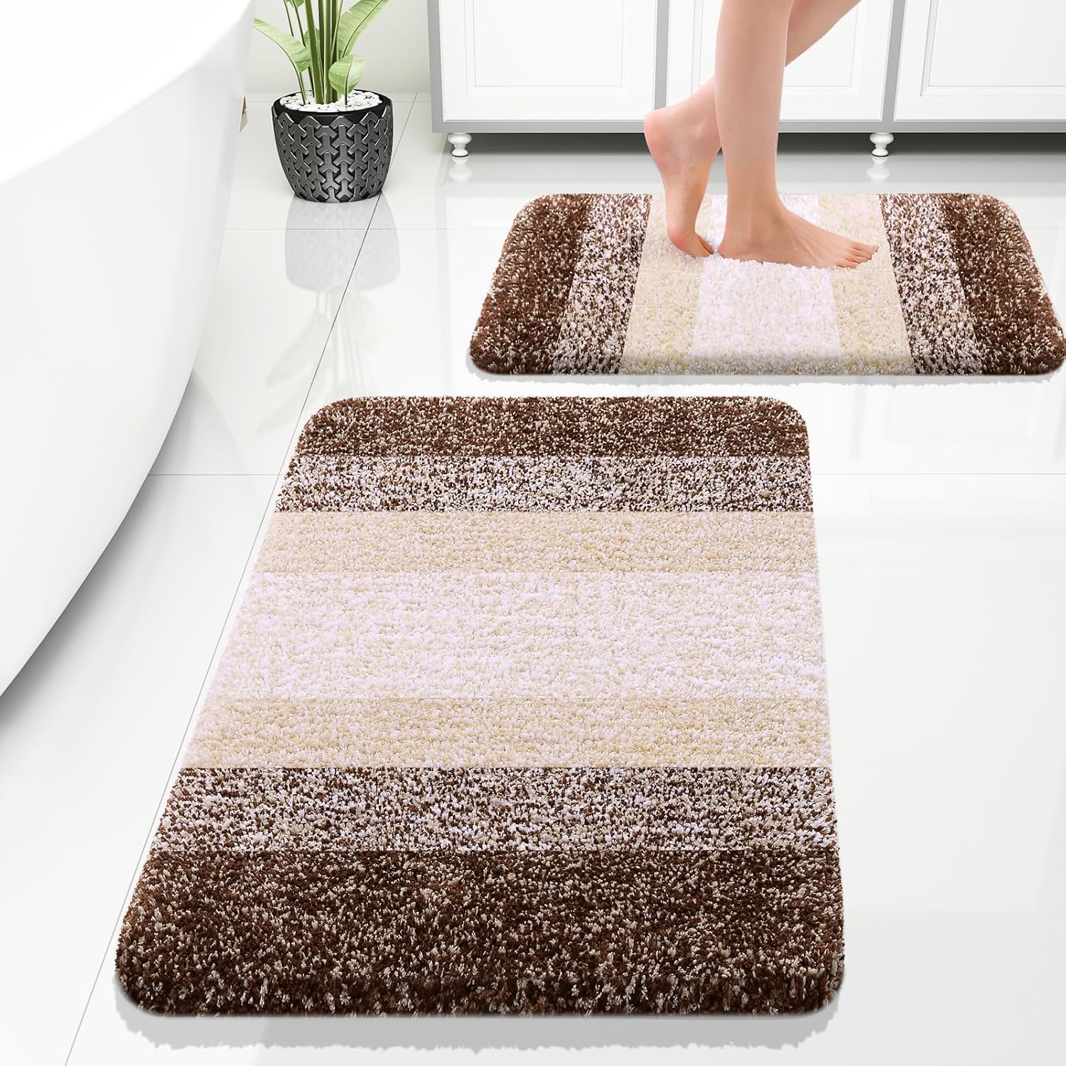 OLANLY Bathroom Rug Set - Soft Absorbent Microfiber Mats | Non-Slip, Plush Shaggy, Brown (30"x20"+24"x16")