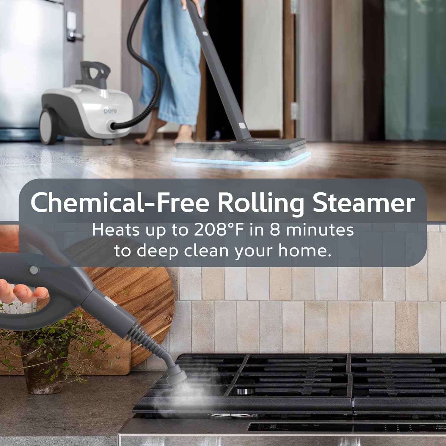 Pure Enrichment PureClean XL Rolling Steam Cleaner - 1.5L Heavy-Duty Steamer with 17 Accessories for Chemical-Free Deep Cleaning