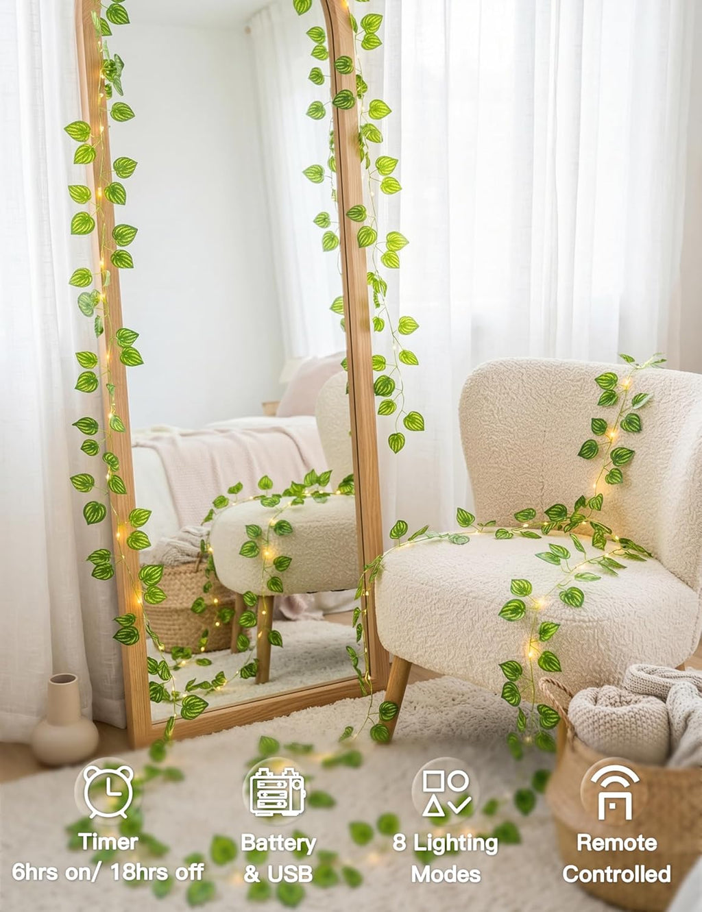 Suddus Vines String Lights - 33ft 100 LED Watermelon Leaves | Battery & USB Powered, Remote Control, Warm White