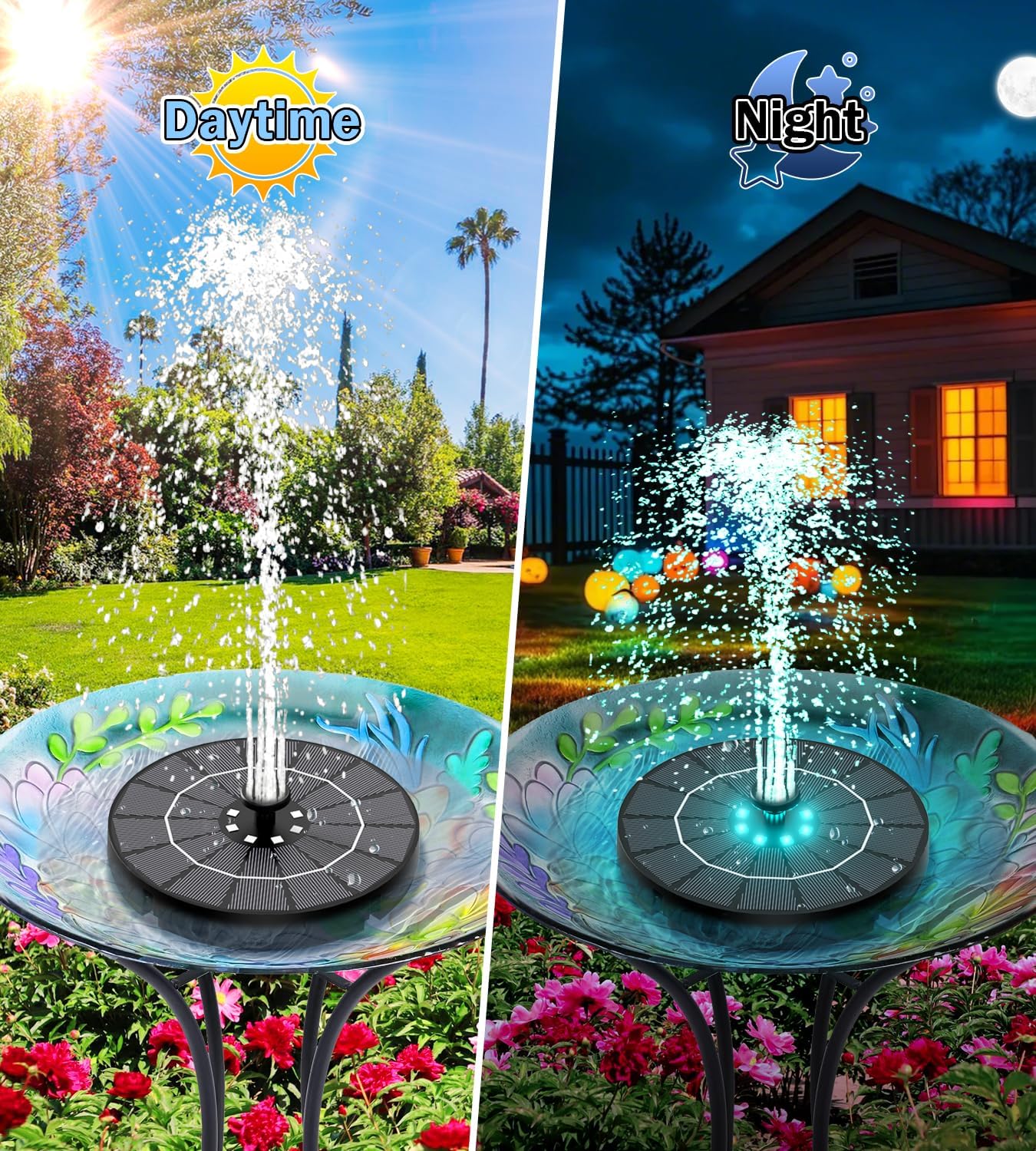 SZMP Solar Water Fountain - 3.5W Bird Bath Pump with Color LED Lights & 7 Nozzles | Outdoor Garden Feature