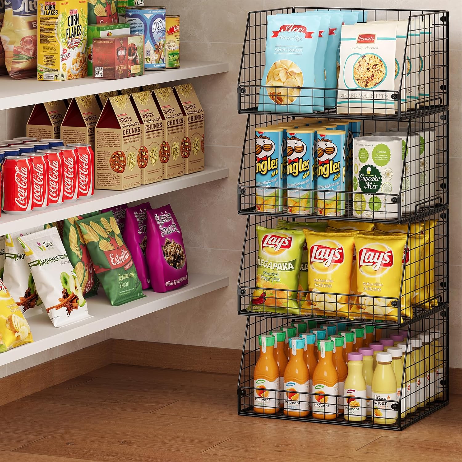 Skiennix XXL Stackable Wire Storage Baskets - Extra Large Pantry Organizer for Fruits, Vegetables & Snacks