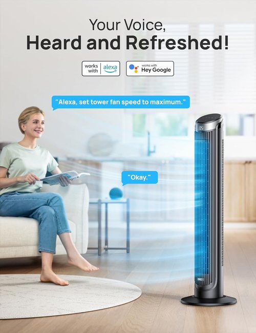 DREO Smart Tower Fan - 90° Oscillating 40" Standing Fan with 5 Speeds & Quiet Operation | Voice Control, Silver