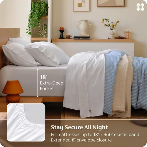 Bedsure 100% Washed Cotton Percale Sheets - Soft & Breathable 6-Piece Queen Set with 18" Deep Pocket (White)