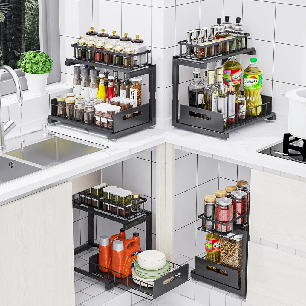 Under Sink Organizer by Regine Switzerland - Heavy Duty Metal Pull-Out Cabinet Shelf | Adjustable Multi-Purpose Storage (Black, 2-Pack)