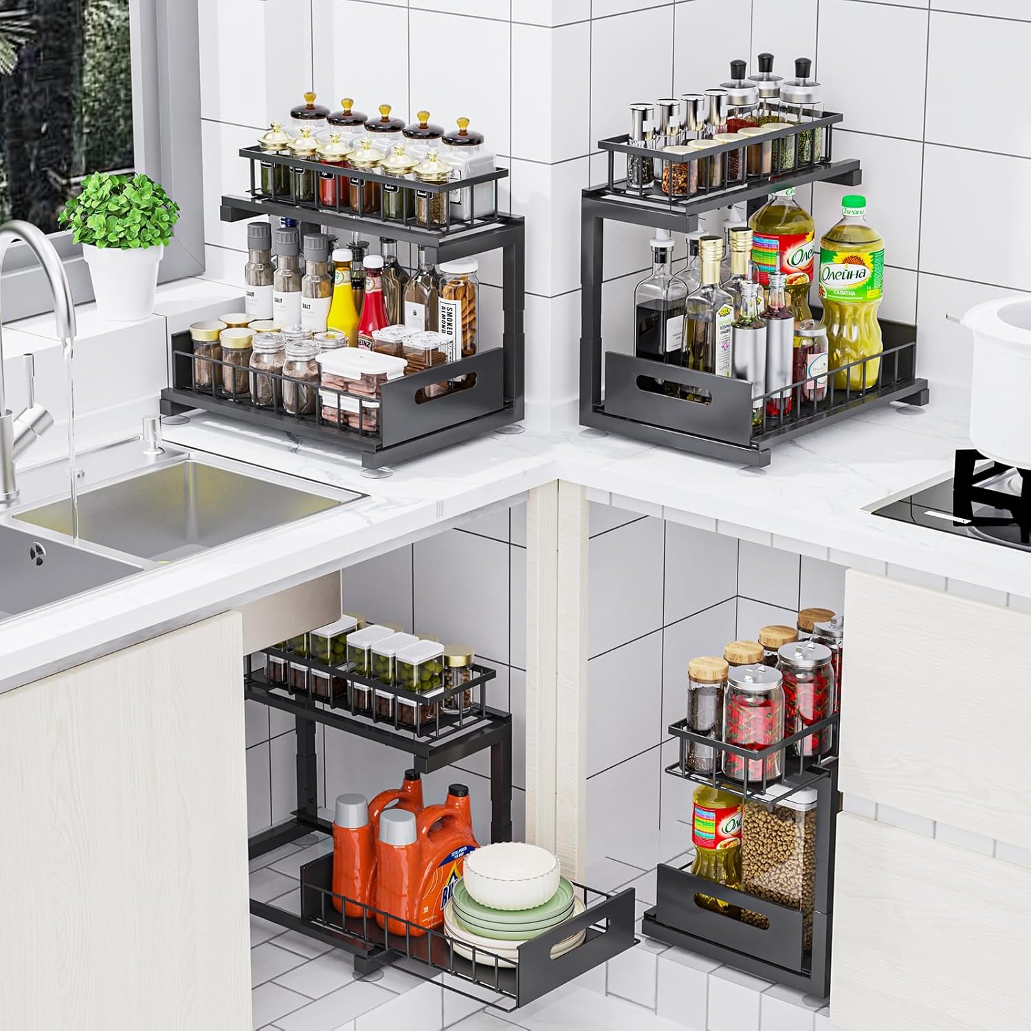 Under Sink Organizer by Regine Switzerland - Heavy Duty Metal Pull-Out Cabinet Shelf | Adjustable Multi-Purpose Storage (Black, 2-Pack)