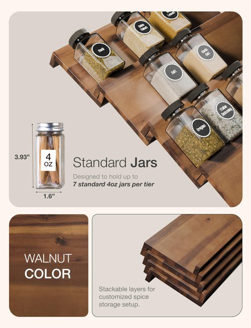 Tinamo Acacia Wooden Spice Rack Organizer for Cabinet - Spice Drawer Insert, Spice Organization for Cabinet, Seasoning Organizer, Spice Holder Pack of 8 (Walnut, Pack 8)
