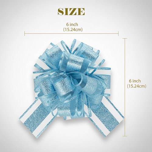 Blue Glitter Gift Bows - 6 Inch Instant Pull Bows for Baby Showers, Birthdays, Christmas & Weddings