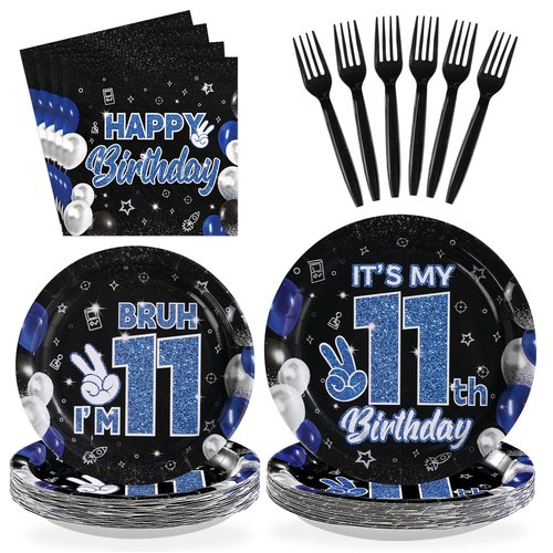Greencian 96 Pcs 11th Birthday Decorations for Boys Blue and Black Plates and Napkins Disposable Glitter It's My 11th Birthday Party Supplies for Boys Kids Teenager 11 Years Old Party Decor，Serves 24