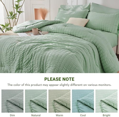 HYMOKEGE Queen Comforter Set - Luxury Sage Green Seersucker 7-Piece Bedding Set | All-Season Comfort
