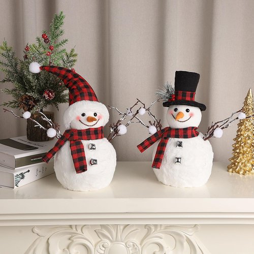 Lulu Home 2 Packs Christmas Snowman Decorations, 15.4" H Snowmen Wearing Buffalo Check Scarfs & Hats, Xmas Plush & Foam Tabletop Ornaments for Mantel Fireplace Window Sill Holiday Decor