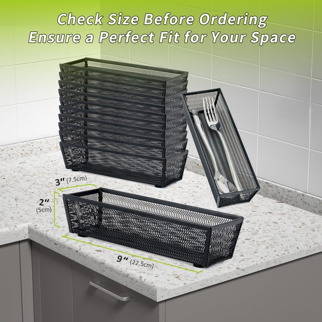 Neudeco Silverware Organizer,Mesh Drawer Organizer for Kitchen，Metal Utensil Organizer for Flatware, Knives, Spoons,Cosmetic (Black 9 * 3 * 2 inch Pack12)