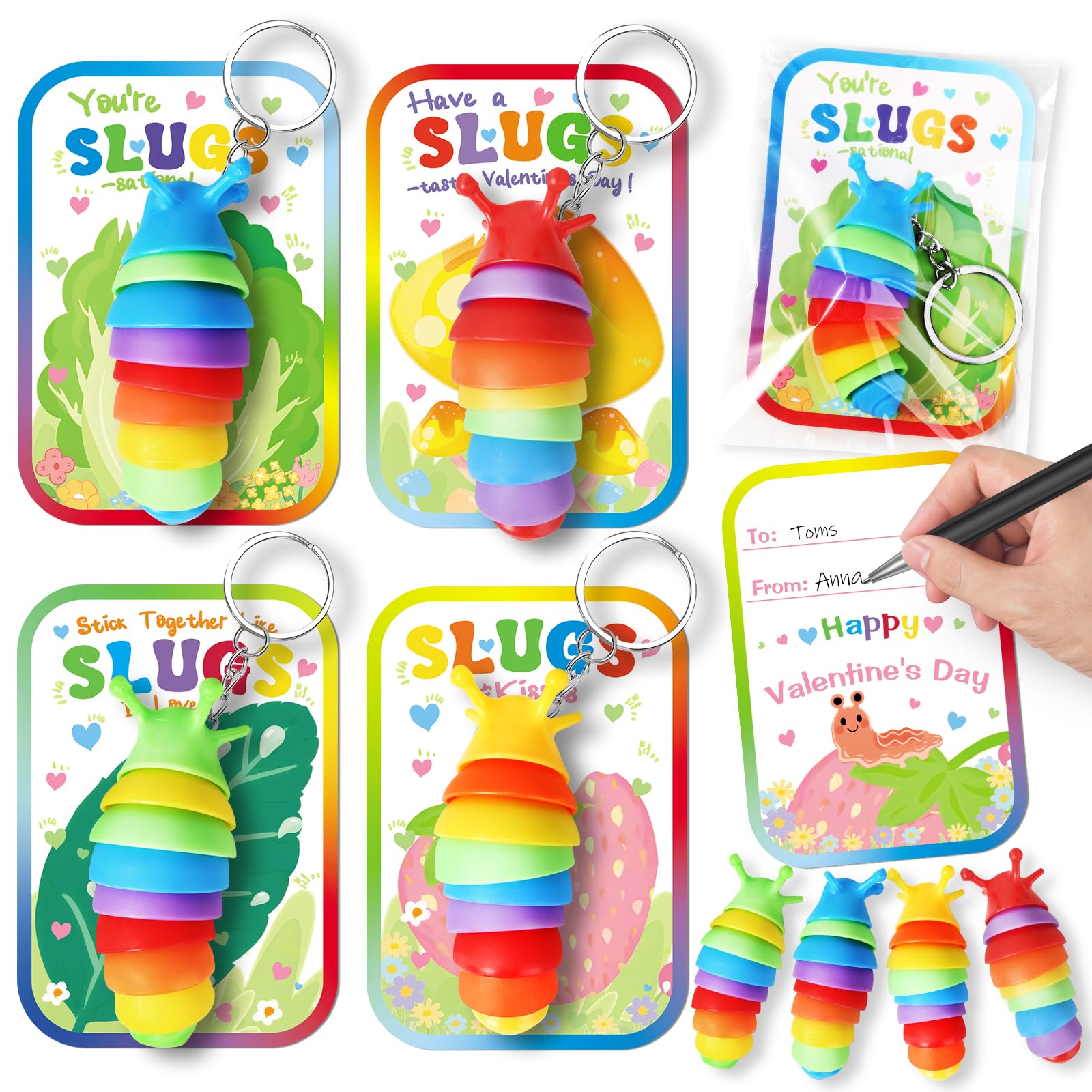 AuroTops Valentines Day Cards for Kids,24 Pack Cute Keychains Bulk Sensory Slug Fidget Toys with Valentines Cards for Boys & Girls Valentine's Day Classroom Gift Exchange,Kids Party Favors