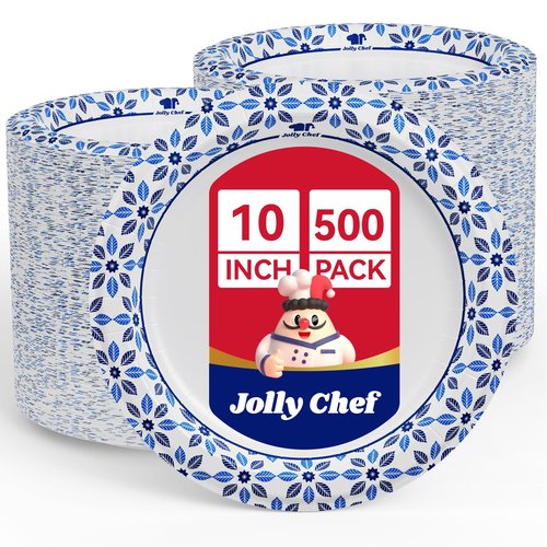 JOLLY CHEF 10 inch Disposable Paper Plates 500 Count, Soak Proof, Cut Proof, Heavy Duty Paper Plates for Party or Everyday Use