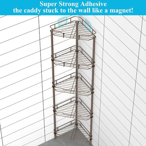 HuggieGems 5-Tier Corner Shower Caddy Organizer - Stylish Bathroom Shelf Rack with Hooks, Bronze Finish