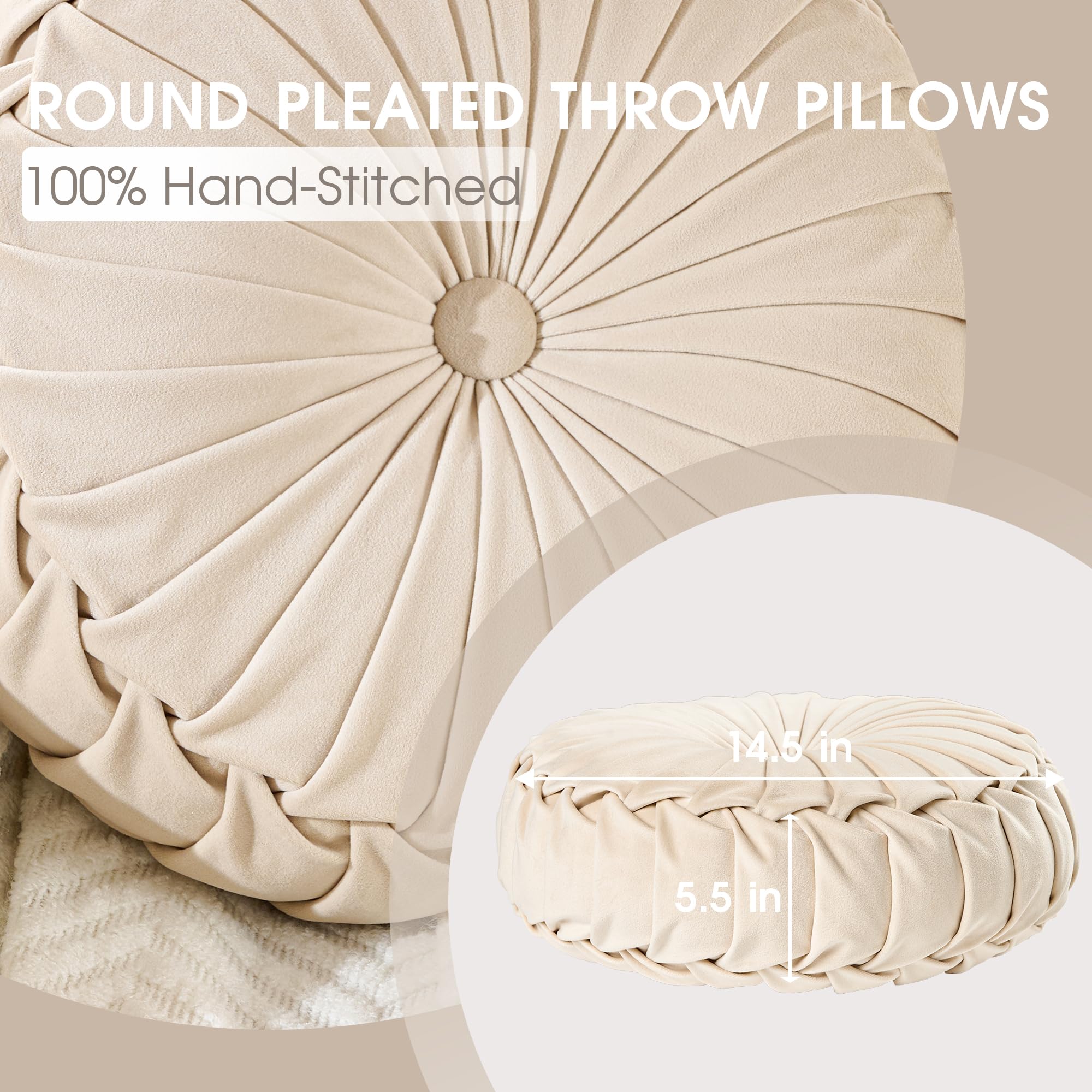ROSE&RISY Round Pleated Velvet Throw Pillow, 1 Pack Decorative Accent Pumpkin Pillow Cushion for Couch Sofa Chair Bed Car Home Decor (14.5 Inch, Cream)