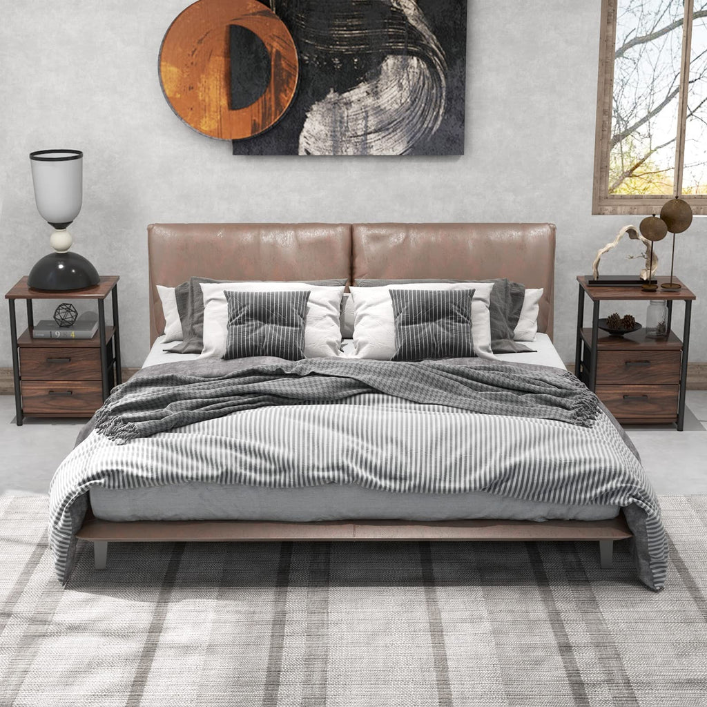 COSTWAY Nightstand with 2 Fabric Drawers, 3-Tier Bedside Sofa Side Table with Open Shelf, Metal Frame, Industrial End Table for Bedroom, Living Room, Dormitory, Walnut