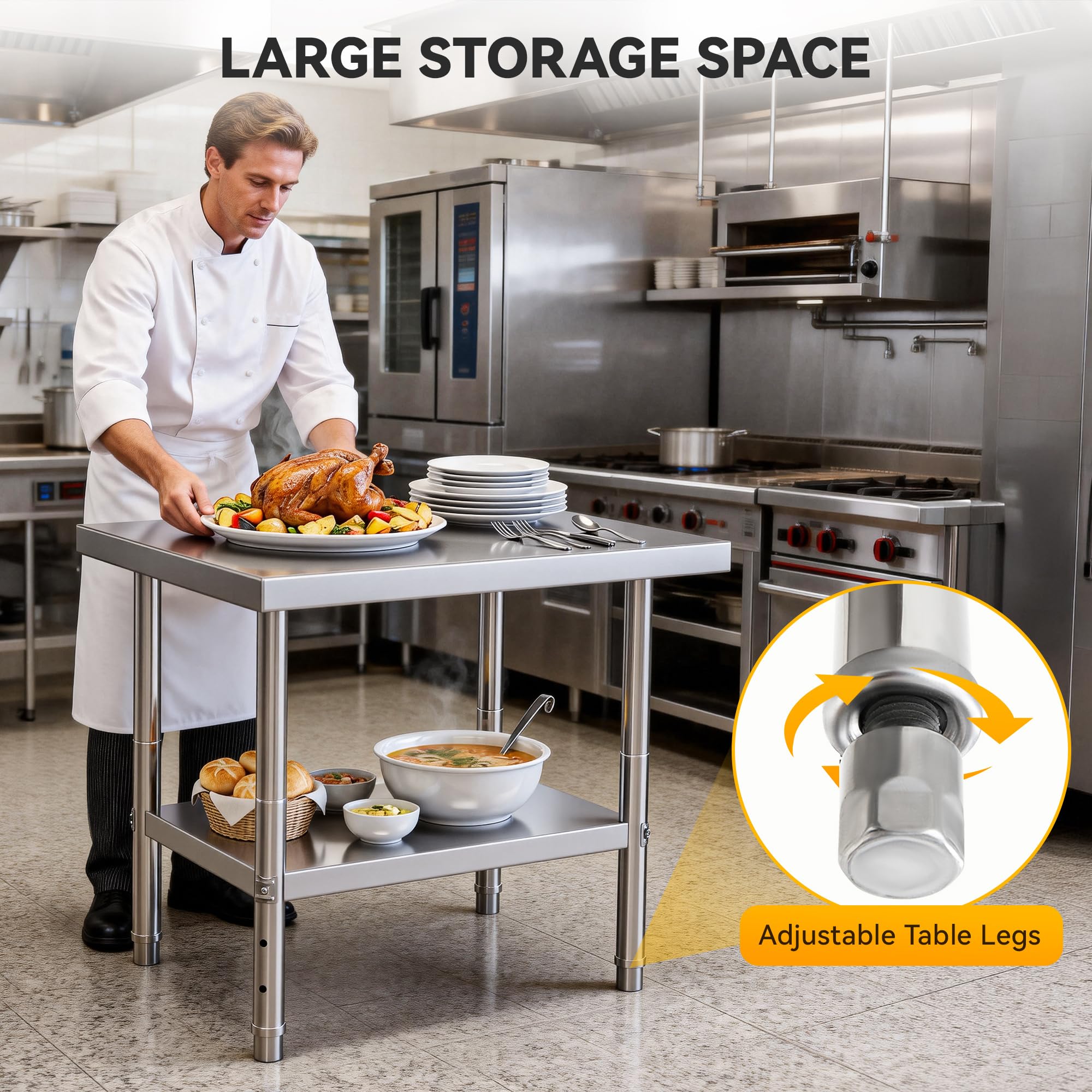 DWVO 30x24in Stainless Steel Table, NSF Metal Prep Worktable with Adjustable Shelf for Kitchen Restaurant Hotel Garage Warehouse Home