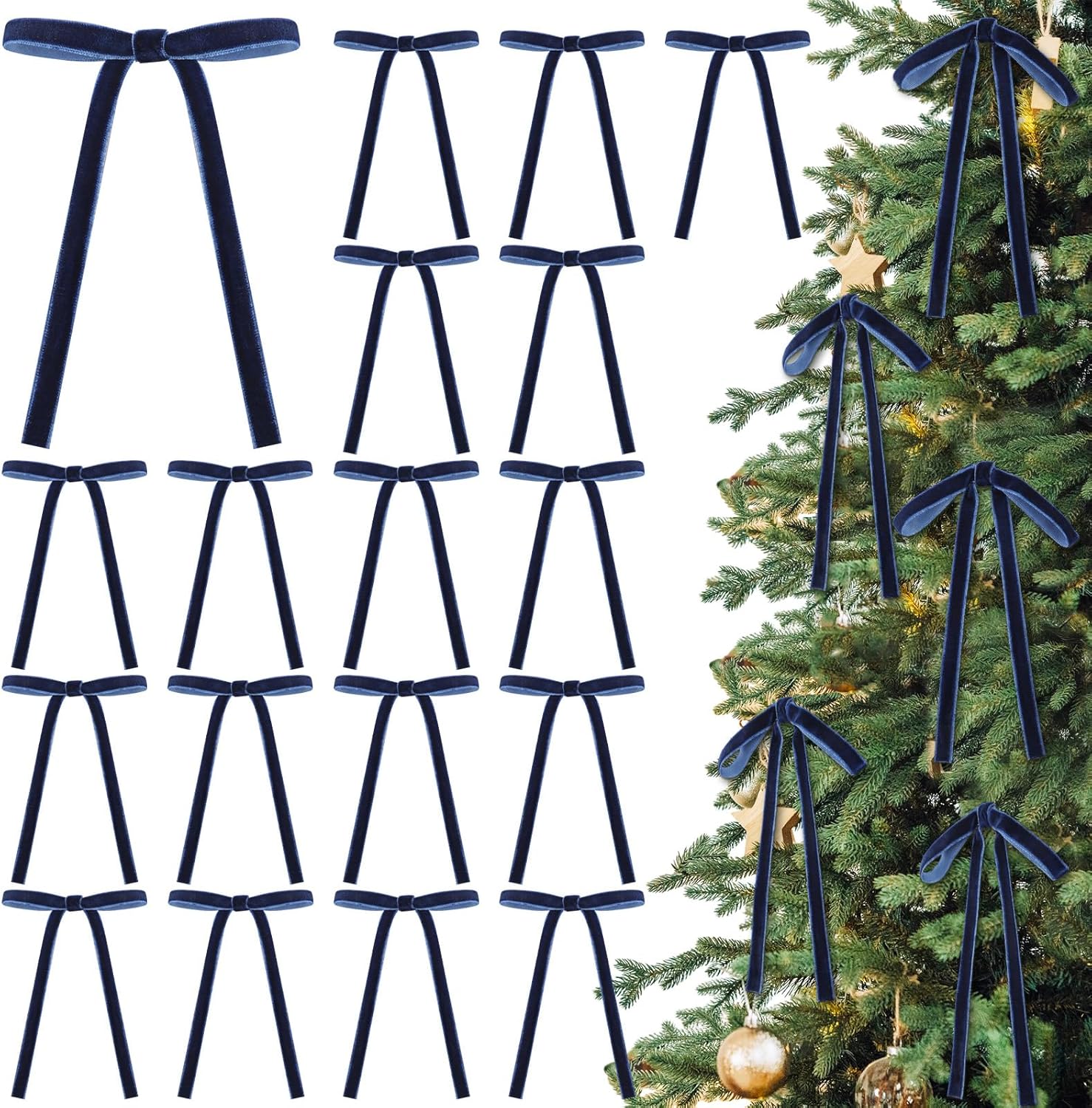 Skiennix Velvet Bows - 24 Pcs Vintage Ribbon for Christmas Tree & Crafts | Navy Blue, 5 x 7 Inch