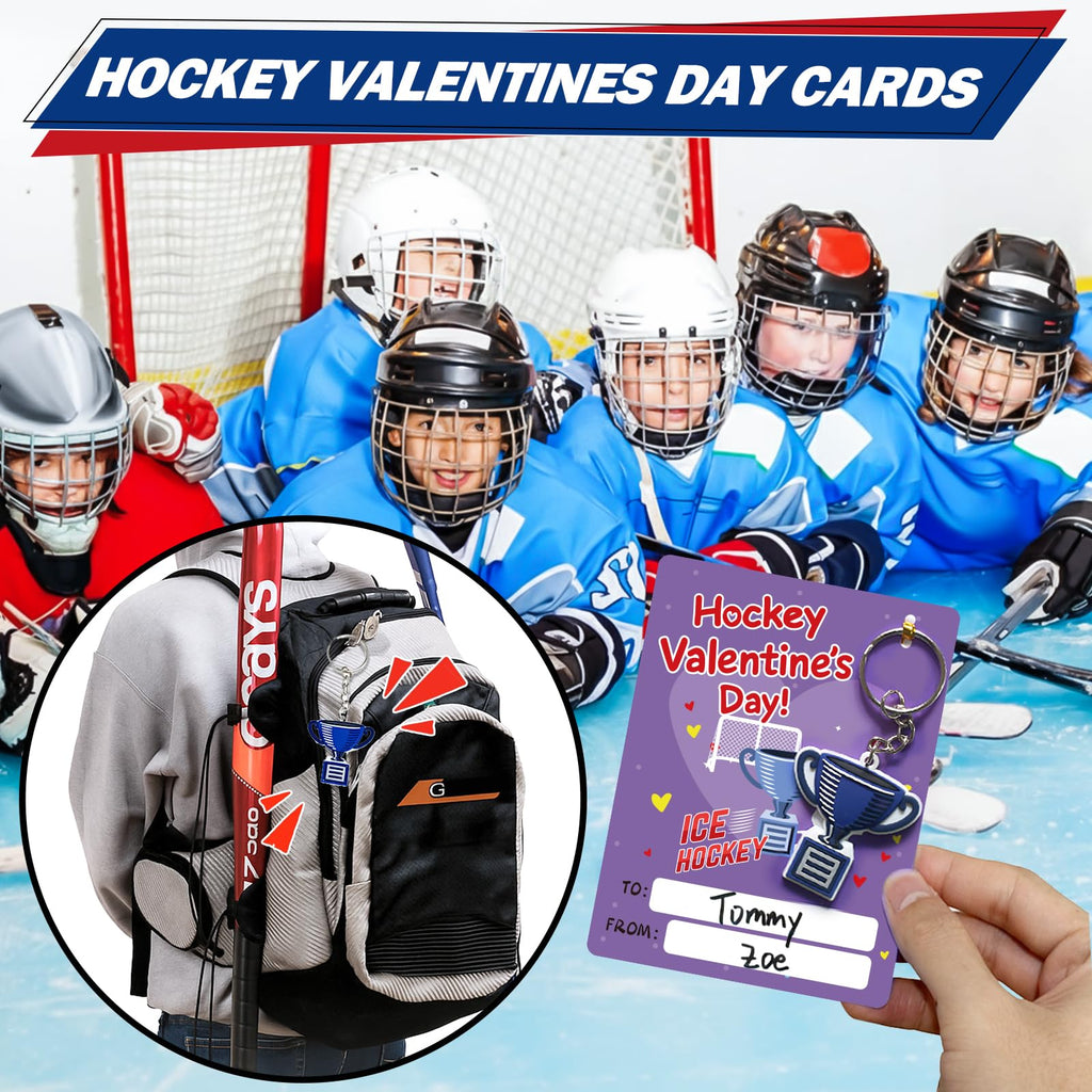 PINGAMOO Hockey Valentines Day Cards, 32PCS Valentine Cards with 32PCS Hockey Keychains, Boys Valentine's Card for Classroom School Party Favors Valentines Exchange