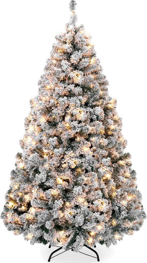 Best Choice Products Pre-Lit Artificial Christmas Tree - 4.5ft Snow Flocked Pine with Easy Assembly & Metal Stand