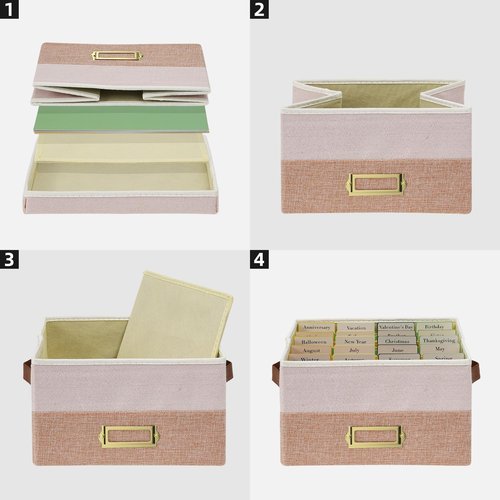 Vienrose Greeting Card Organizer Box with 20 Removable Dividers, 84 Self-Adhesive Labels, Foldable Storage Box Great for Greeting Cards, Photos, Envelopes, Stickers, Postcards Light Pink&Lotus