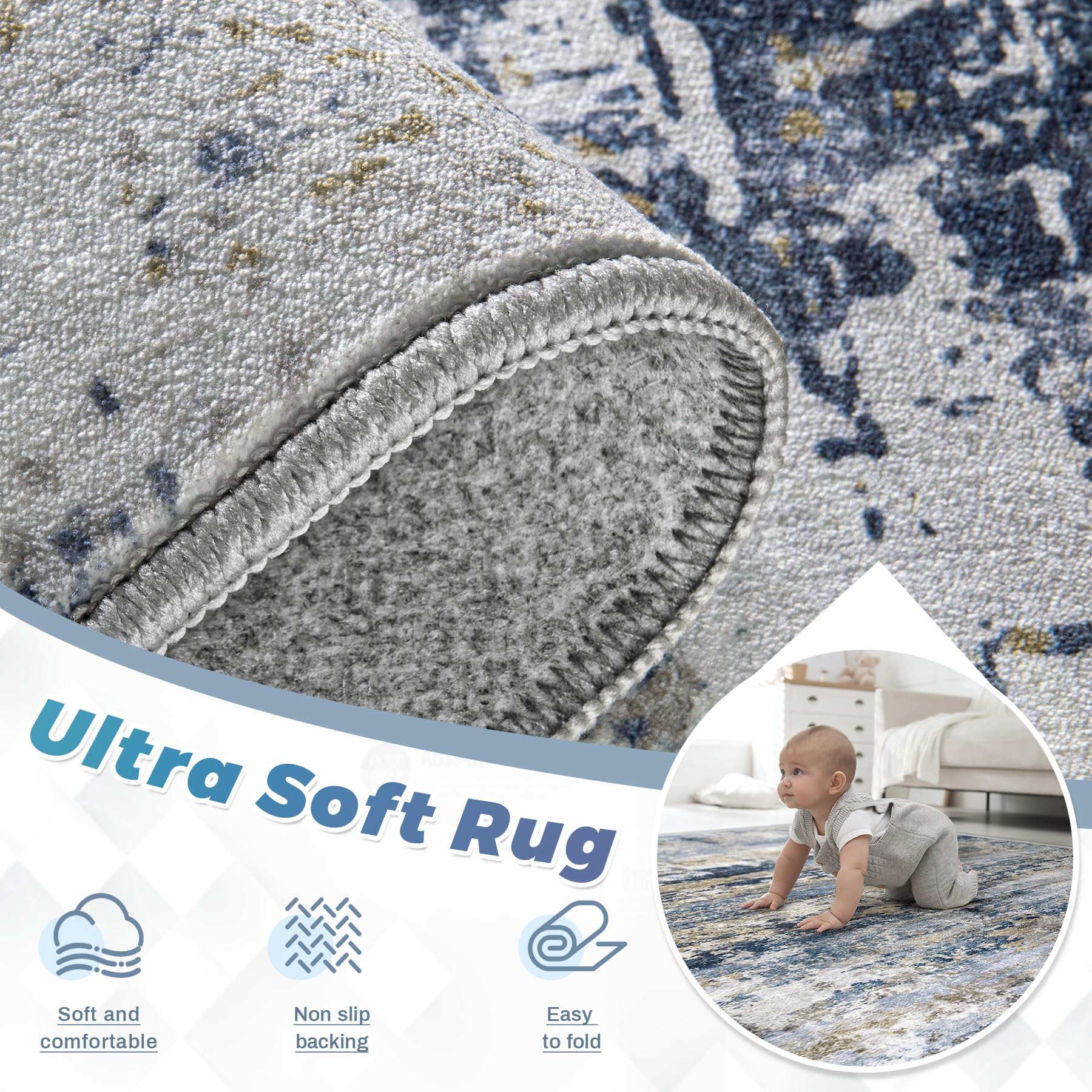 pmtsns Area Rugs 8x10 for Living Room: Washable Rug Modern Abstract Neutral Soft Non-Slip Low-Pile Indoor Large Carpet for Bedroom Dining Room Home Office Children's Room(Blue Grey Brown, 8'x10')