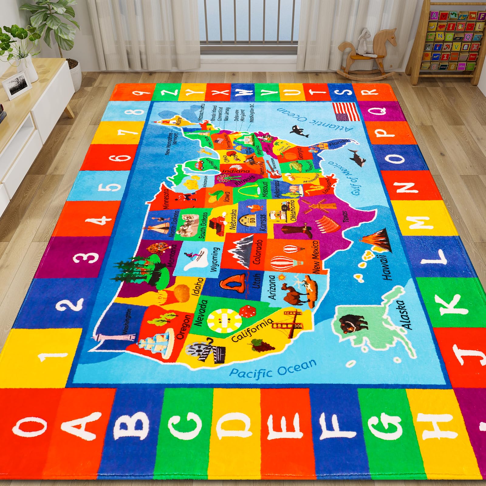 LTKOUGFAM USA Map ABC Kid Rug 39.4" × 63" for Playroom Geography Classroom Rug Educational Baby Playmat Alphabet Mat for Primary School Fluffy Ployester Non-Slip Preschool Carpet for Nursery Room