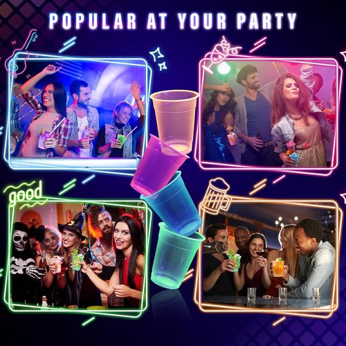 KesaPlan 120 PCS Neon Plastic Cups - 12 OZ Glow in the Dark Disposable Cups for Parties & Events