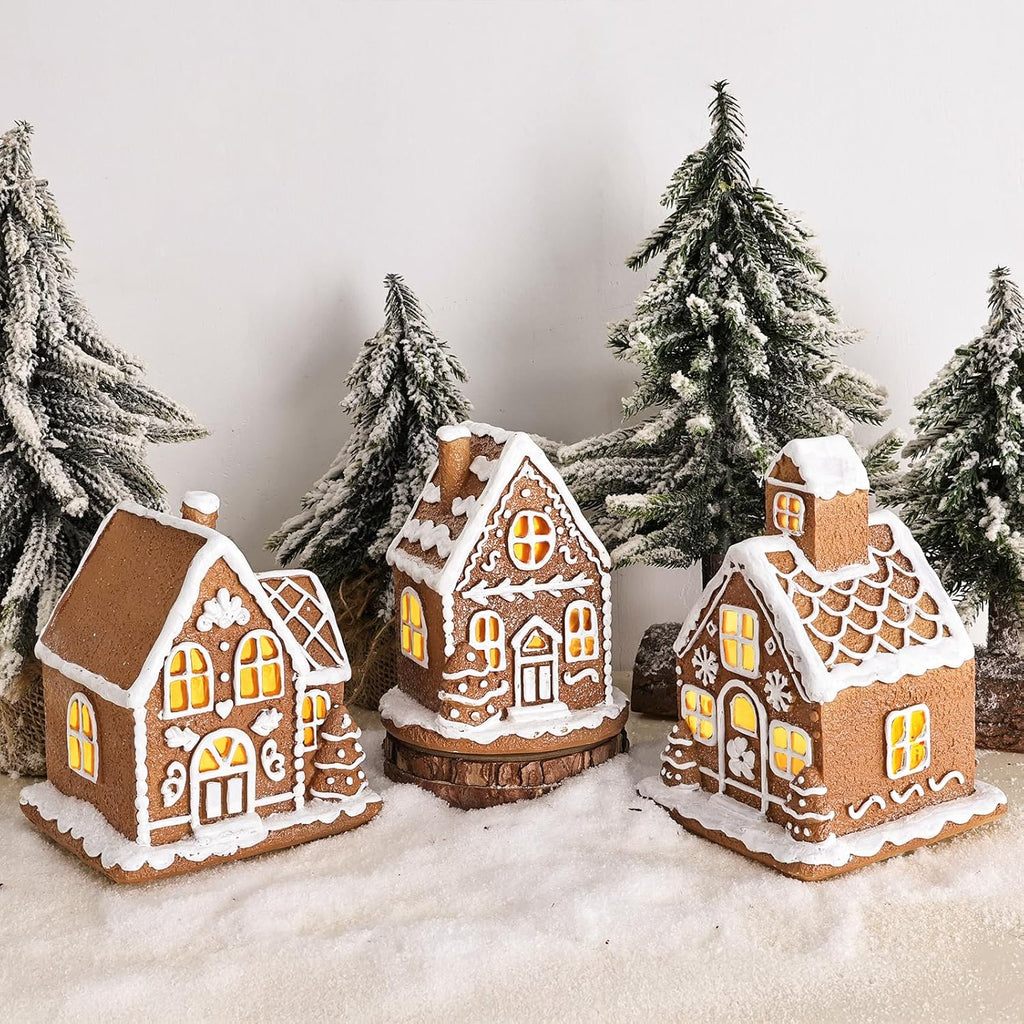 Skiennix Light-Up Gingerbread House Christmas Decorations - 3Pcs Collectible Figurines with LED Lights | Classic Swedish Xmas Table Décor