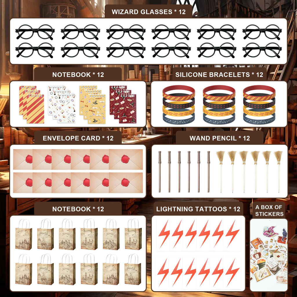 HandTool 100pcs Wizard Party Favors, Birthday Party Supplies Including Wizard Glasses, Wand Pencils, Lightning Tattoos, Envelope card, Magic Birthday Decorations Gifts Classroom Rewards for Kids