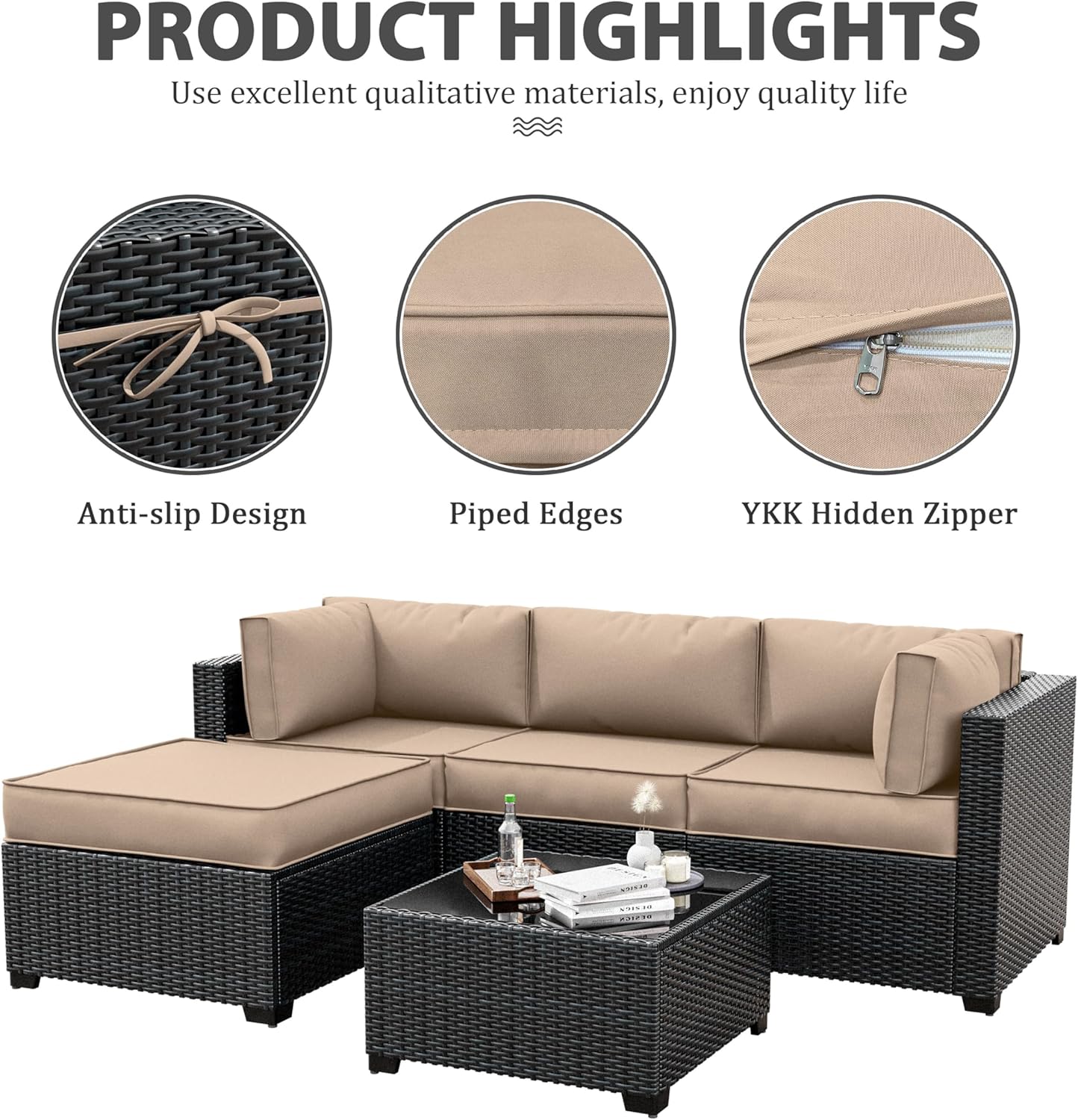Skiennix Outdoor Patio Furniture Cushion Covers - Waterproof Replacement Set for 5 Cushions