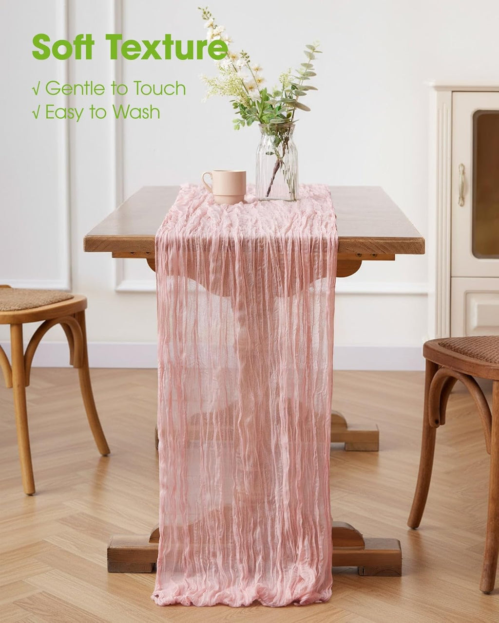 Pureegg Cheesecloth Table Runner - 120'' Boho Gauze for Easter, Baby Shower & Wedding | Dusty Pink