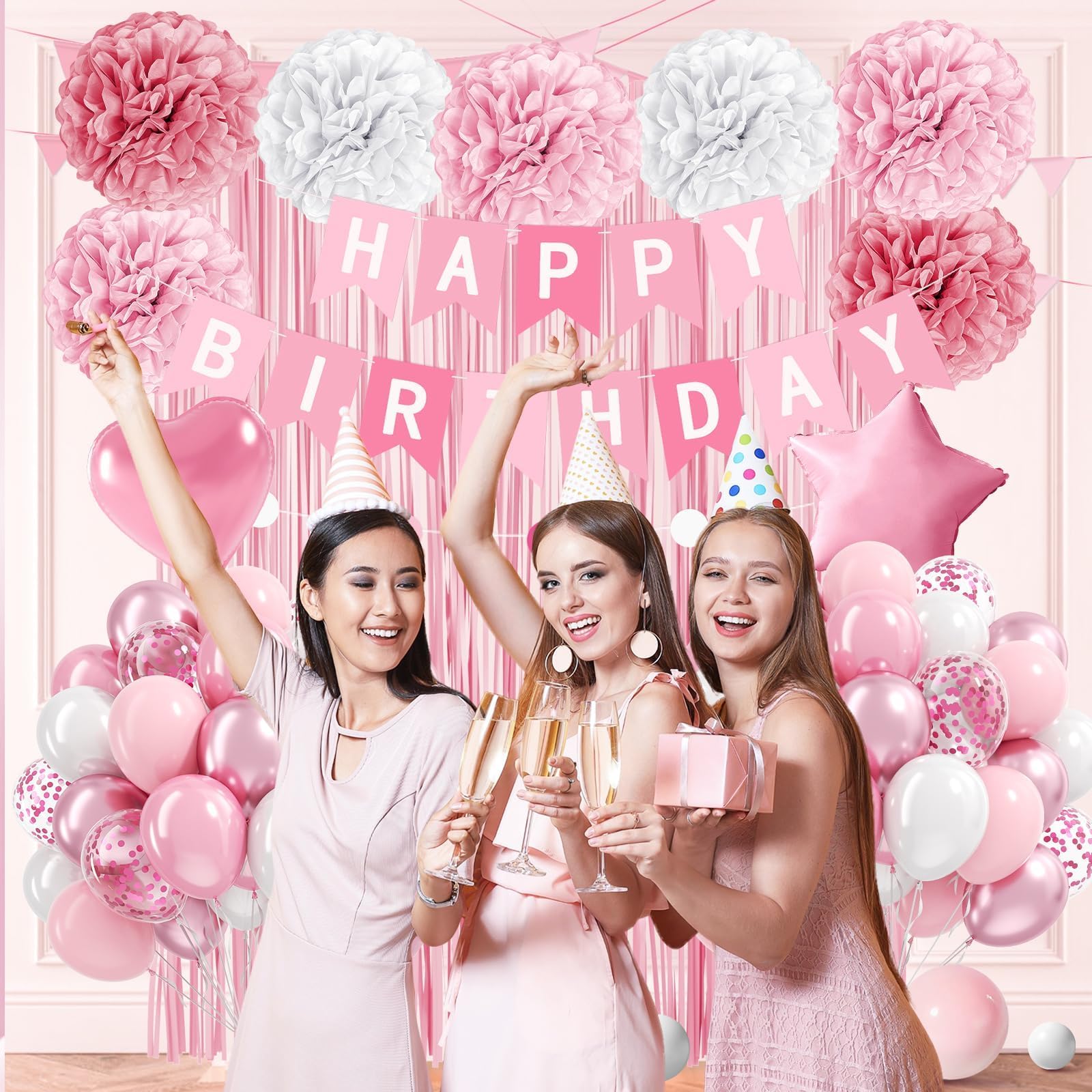 Pink Birthday Decorations with Pink Paper Pompoms Pearl White Balloons Banner Fringe Curtain for Birthday Decorations for Women