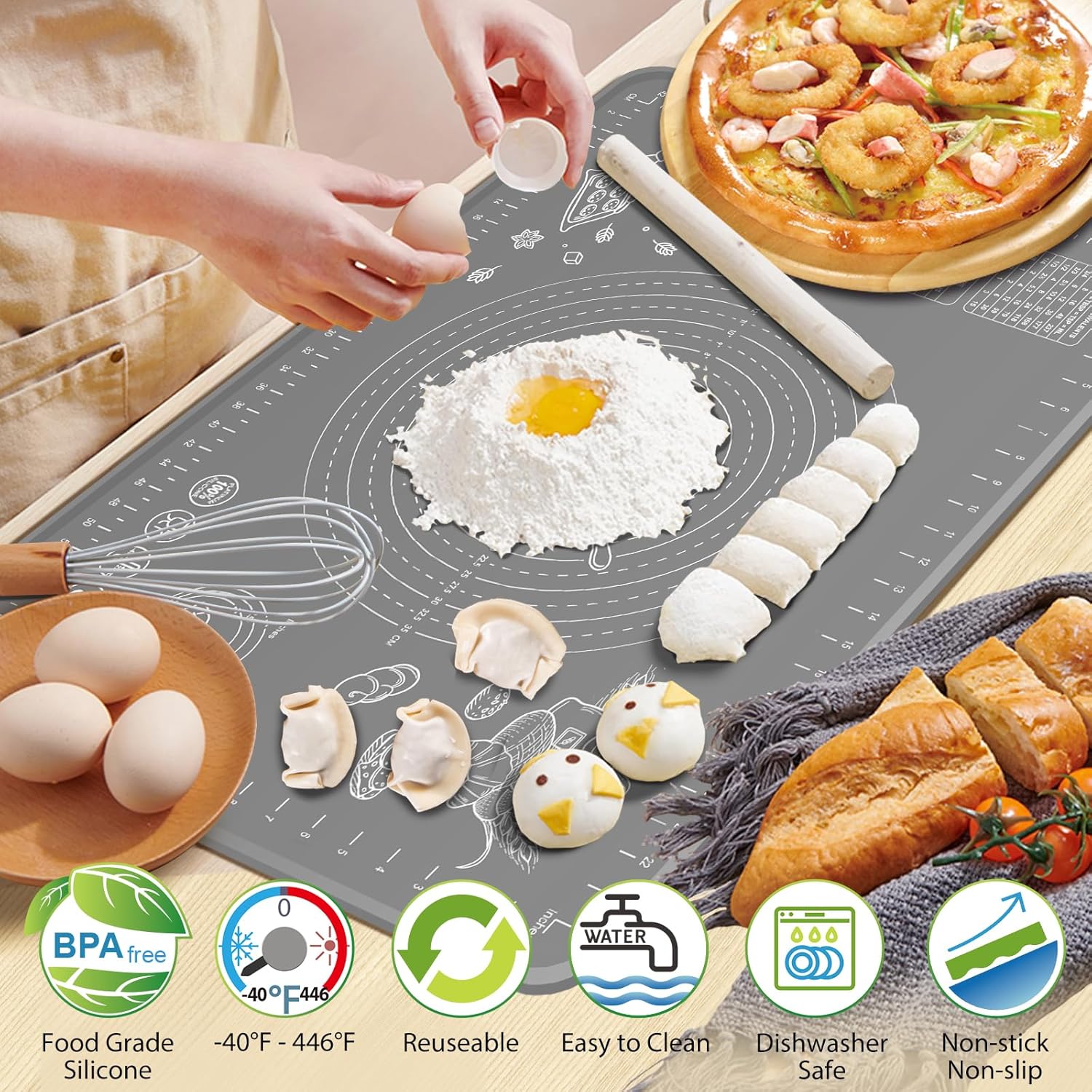 Skiennix Silicone Baking Mat - Extra Thick Non-Stick Pastry Mat with Measurements | 32x24 Inch for Rolling Dough, Bread, Cookies, Pizza, and More