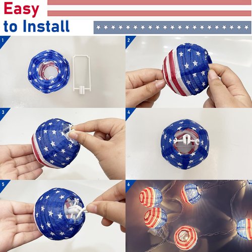 Romasaty 4th of July Decorations Lights, 8.5Ft American Flag Lantern String Lights with 10 Lantern Lights, Plug in Patriotic Light for Indoor Independence Day Party Memorial Day