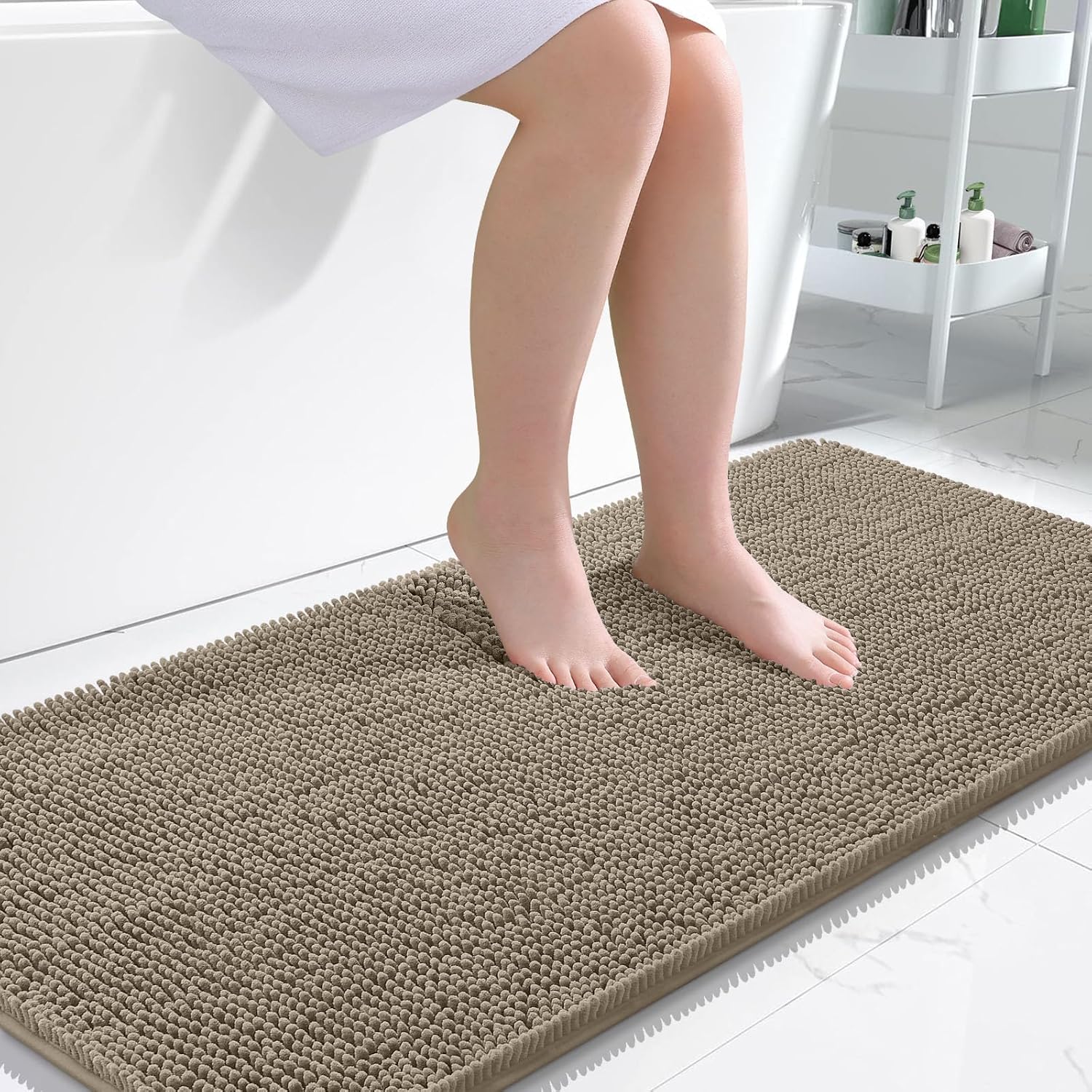 OLANLY Bathroom Runner Rugs - Soft Chenille Bath Mats with Rubber Backing | Quick Dry, Machine Washable, 47x24, Warm Taupe