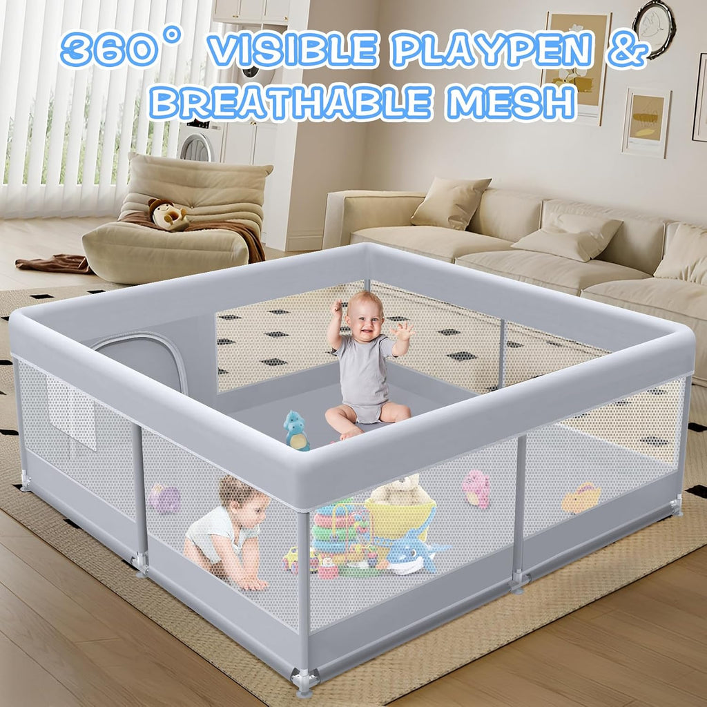 XVISHX Baby Playpen - 50 x 50 Inch Indoor & Outdoor Playard with Soft Mesh & Skin-Friendly Fabric - Grey