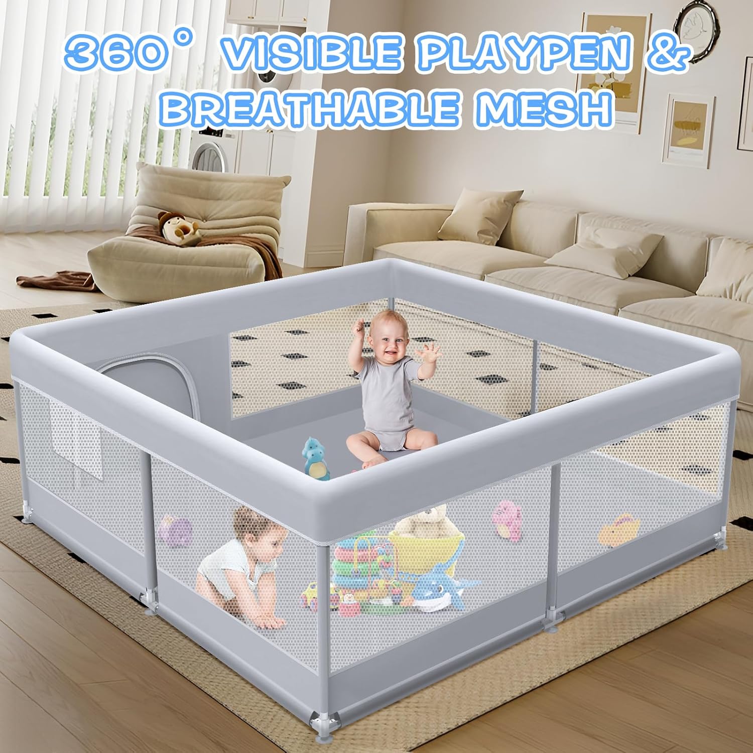 XVISHX Baby Playpen - 50 x 50 Inch Indoor & Outdoor Playard with Soft Mesh & Skin-Friendly Fabric - Grey