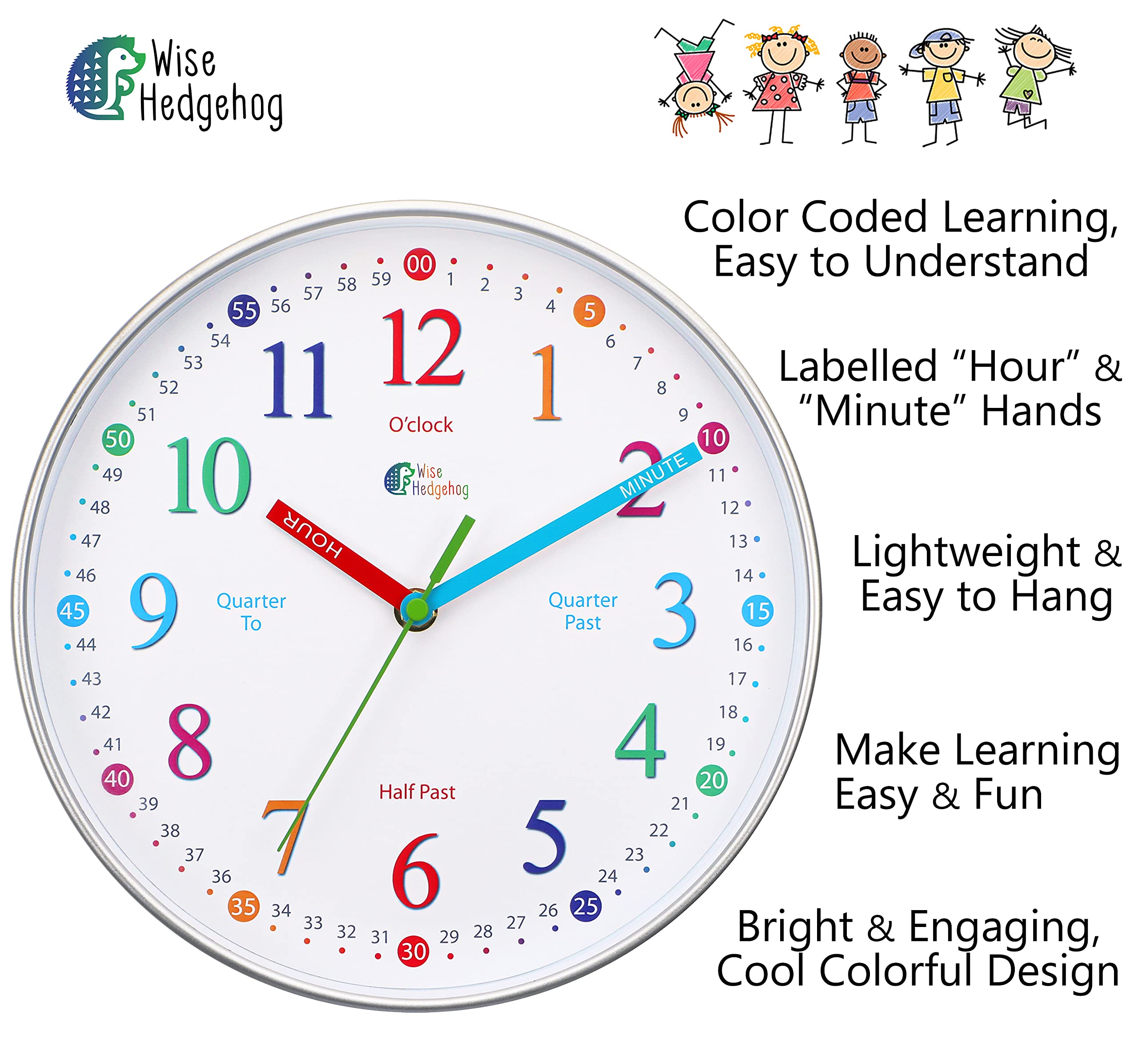 WISE HEDGEHOG Learning Clock for Kids, Silent Non Ticking, Telling Time Teaching Clock, Room Wall Decor for Bedrooms, Analog Kids Clock for Teaching Time, Kids Learn to Tell Time Easily
