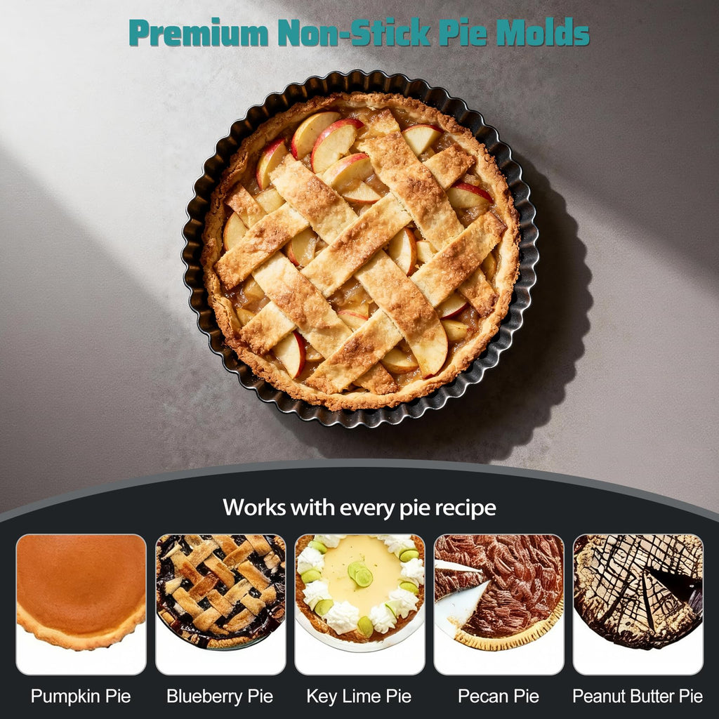 Tart Pan 2 Pack, 9 Inch Non-Stick Carbon Steel Pie Pan, Tart Pans with Removable Bottom -Top 9.5 inches, bottom 9 inches, 1.2 inches deep - Perfect Molds for Making pie, Fruit Tarts with Grooved Edges