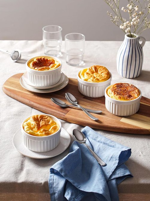 LE TAUCI Ramekins - 6 Oz Ceramic Souffle Dishes | Oven Safe Custard Cups Set of 6 in White