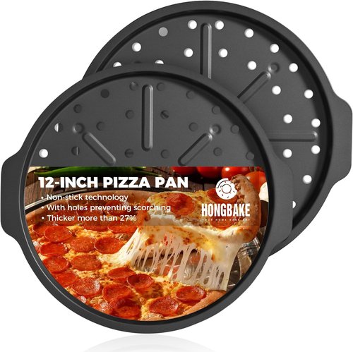 HONGBAKE 12-Inch Nonstick Pizza Pan Set - Air Crisping Design with Wide Handles | Perfect for Frozen & Homemade Pizza