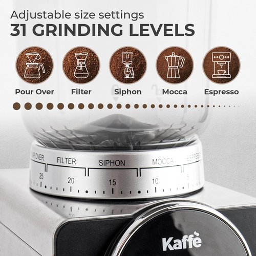 Kaffe Electric Burr Coffee Grinder (9oz) w/ 31 Adjustable Coarseness Settings - Conical Burr - [New Touch Screen w/Timer & Cup Selector] - Precision Coffee Bean Grinder for Home Use - Stainless Steel