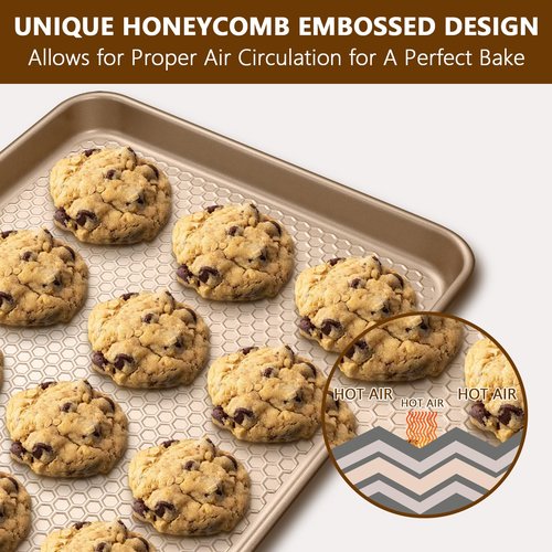 Wildone 2 Pack Half Sheet Baking Pans, Honeycomb Embossed Nonstick Baking Sheet 17.5x12 In, Thicker Carbon Steel Cookie Sheet, Even Heating & Warp Resistant, Champagne Gold