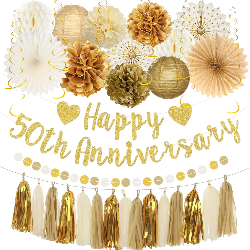 Roetyce 50th Anniversary Decorations, Gold Glitter Happy 50th Anniversary Banner Photo Background for Women Men, Cheers to 50 Years Backdrop Pompoms Paper Fans Party Supplies Dad Mom