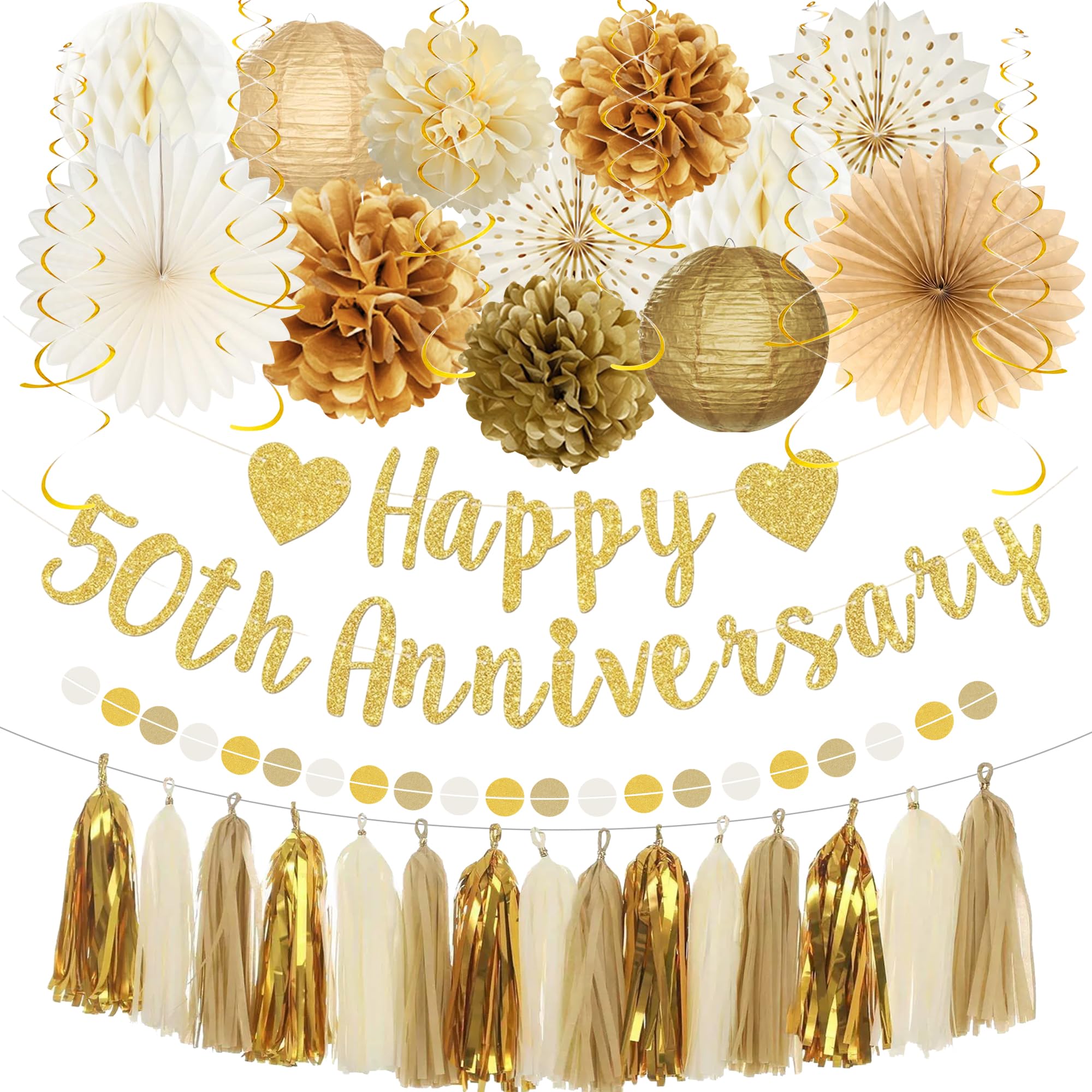 Roetyce 50th Anniversary Decorations, Gold Glitter Happy 50th Anniversary Banner Photo Background for Women Men, Cheers to 50 Years Backdrop Pompoms Paper Fans Party Supplies Dad Mom