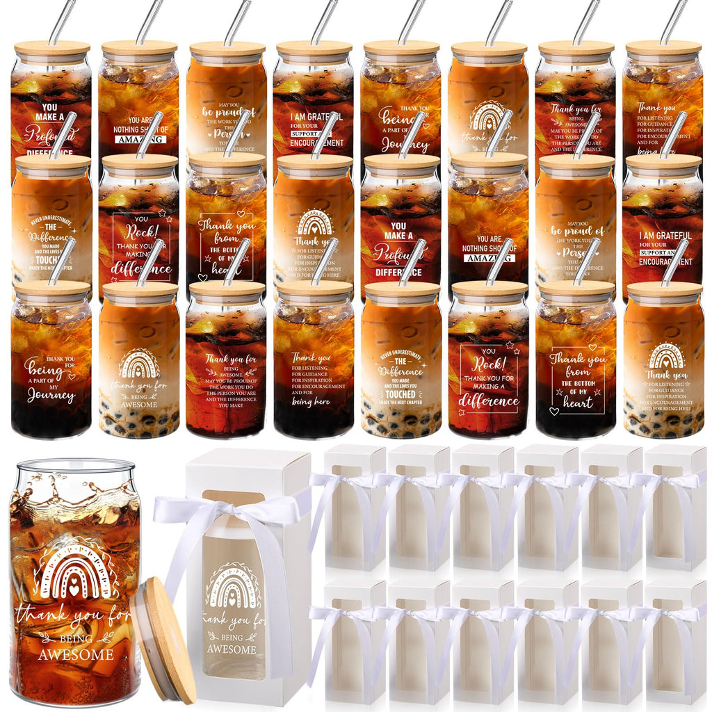 Ziliny 24 Set Thank You Gifts Bulk Employee Appreciation Gifts for Staff Christmas Coworker 16 oz Glass Cups with Lids and Straws with Gift Box Ribbon for Friends Nurse Teacher(Thank You)
