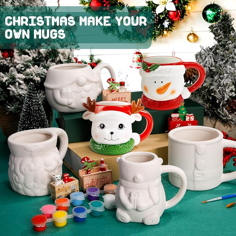 Set of 6 Christmas Ceramic Mugs Paint Your Own - Vesici Craft Kit (Variation: 6+Christmas)