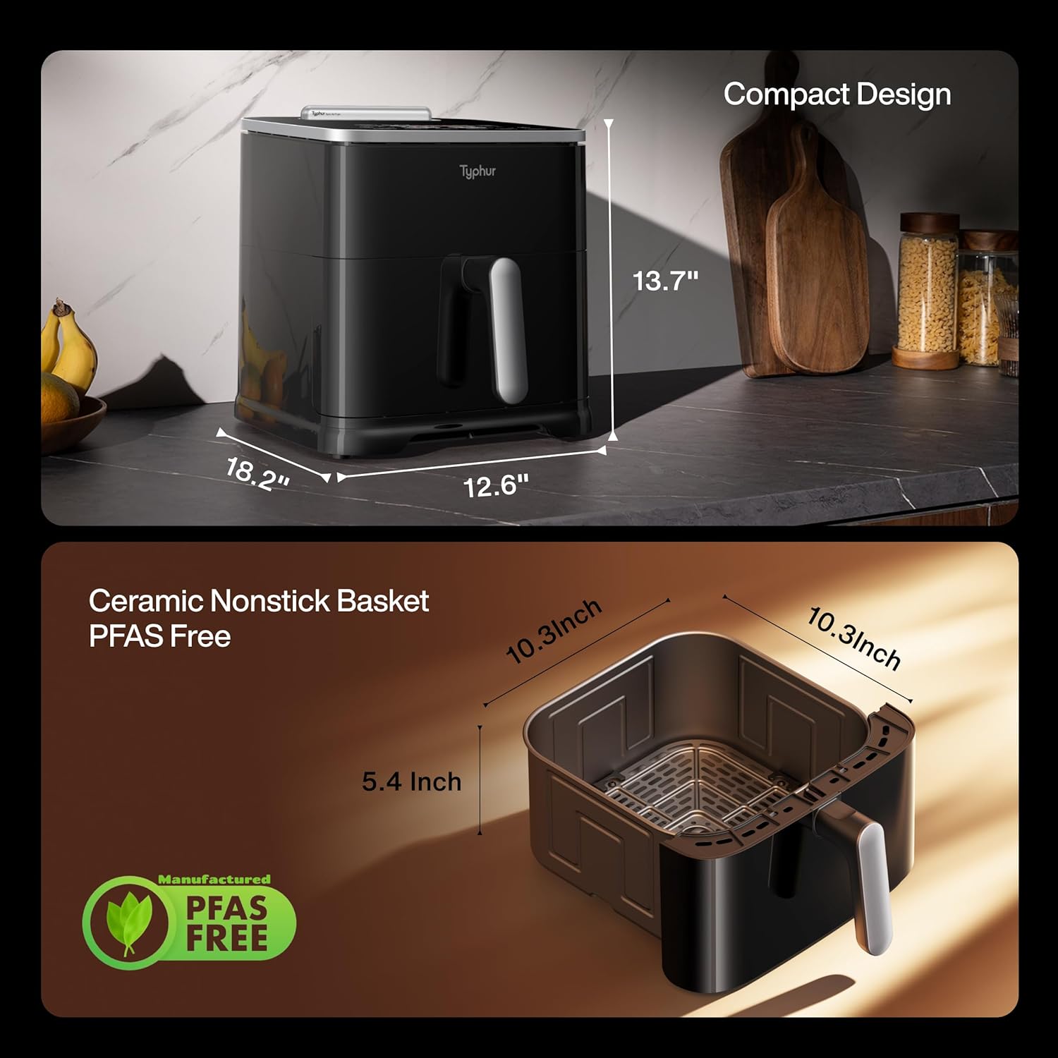 Typhur Sync 8QT AI Smart Air Fryer - 9-in-1 Non-Toxic Ceramic with Wireless Thermometer | Cooks 6lb Chicken
